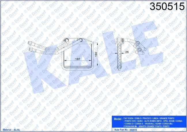 KALE 350515 Kalorifer Radyatoru Fiat Egea / Doblo / Pratico / Linea / Grande Punto / Punto Evo / Qubo - Alfa Romeo Mito - Opel Adam / Combo / Corsa / Corsa D / Corsa E / Meriva - Citroen Nemo - Vauxhall Adam / Corsa Mk / Corsavan Mk - Abarth Grande Punto / Punto